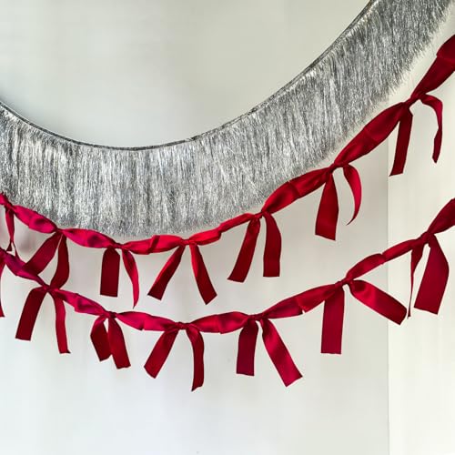 Image of Pre-Assembled Red Bow Garland | Double Side Satin Silk Bow Banner and Extend Ribbon for Coquette Birthday Bridal Shower & Bachelorette Party,Read to Hanging (Red, 6ft)