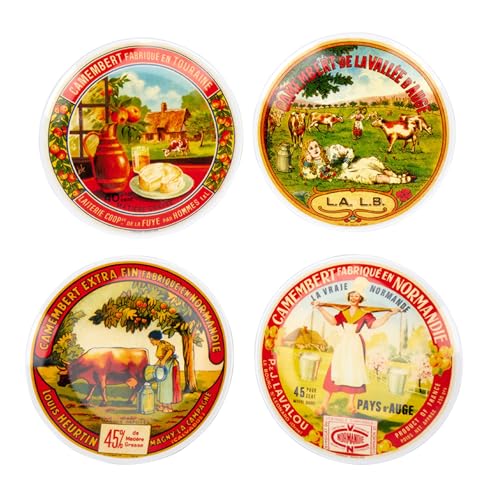 Geneviève Lethu 544001 Lot de 4 Assiettes à Dessert Ø20,5 cm en Porcelaine – Motifs Boîtes à Camembert Vintage – Style Campagne Française –...