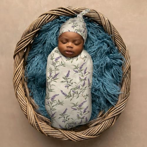 Image of Vintage Lavender Florals Ornament Newborn Swaddle Blankets Hat Sets Soft Baby Receiving Blanket Swaddle Sack for Baby Shower Infant Boy Girl Gift