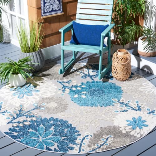 SAFAVIEH Cabana Collection 4' Round Grey/Navy CBN832F Floral Indoor/ Outdoor Non-Shedding Easy Cleaning Patio Backyard Deck Porch Mudroom Area Rug