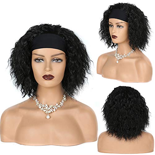 Kinky Curly Headband Wig for Black Women,Long Natural Black Wave Curly Wigs with Headband Attached Deep Wave Wig Easy to Wear Machine Made Head Wrap Wig for Black Women Headband Wig Curly (14 Inch)