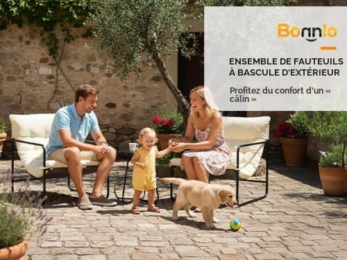 Bonnlo Salon de Jardin Exterieur 2 Personnes, Ensemble Fauteuil Salon et Table Basse, Meuble Exterieur avec Coussin Épais Amovible pour Balcon/Terrasse, Blanc
