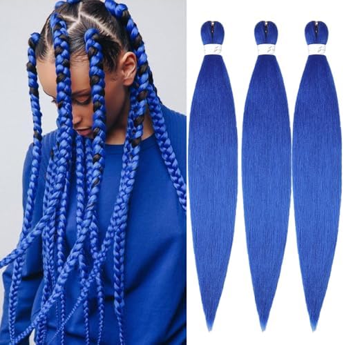 Pre stretched Braiding Hair 26 Inch Braiding Hair Extensions Hot Water Setting Synthetic Hair Pre Stretched Crochet Braids Hair(26 Inch,3 Packs,Blue#)