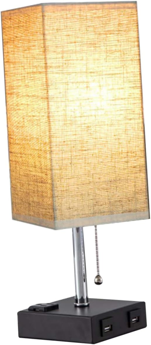 DOITOOL Bedroom Table Lamp with Fabric Lampshade Dual USB Ports and 3-Prong Outlet Desk Lamp 15.35 Inch for Living Room Bedside Office Use