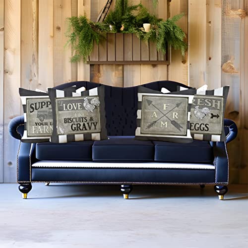 Vintage Farmhouse Animal Pillow Covers 18X18 Set Of 4 Retro Farmer's Market Truck Rooster Sheep Feed Seed Premium Poultry Farm Home Décor Throw Pillow Case Cushion Cover For Sofa (18" X 18") #TOP3