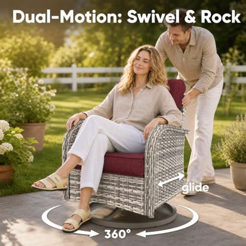 Image of 5-Piece Small Patio Furniture Set, Outdoor Swivel Rocking Chairs Set with Ottomans, Patio Bistro Set for Balcony, Deck, Porch, Red