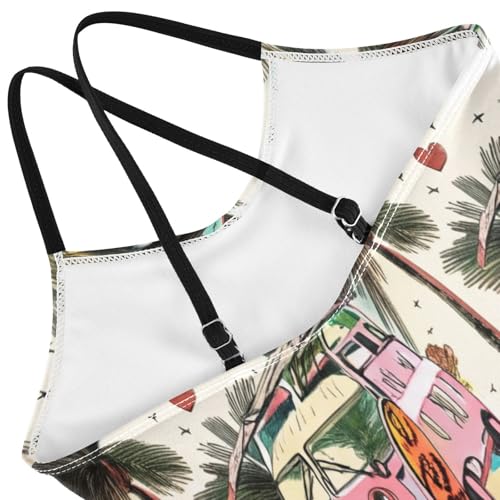 Girl Bathing Suits Beach Apparel 3-10 Y with Adjustable Shoulder Strap, Vintage Pink Van Surfboard4