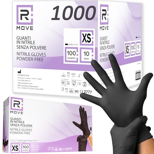 RMOVE 1000 guanti in Nitrile Neri XS senza polvere, senza lattice, ipoallergenici, 10 box da 100 guanti monouso per Estetisti, Tatuatori, Ambiti Medici