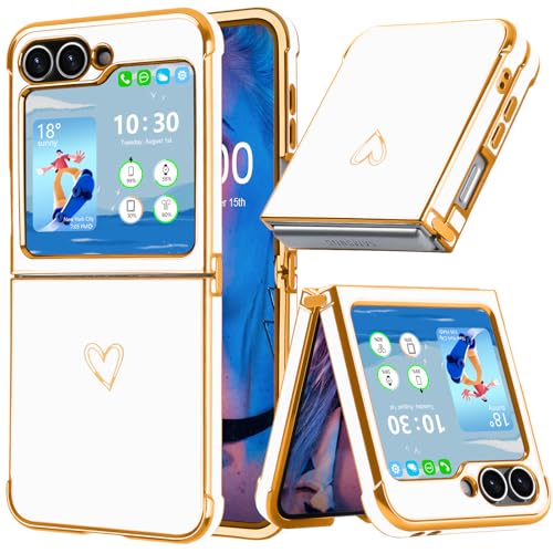 Coque Samsung Z Flip 6/5 dorée avec motif cœur chic et élégant en blanc