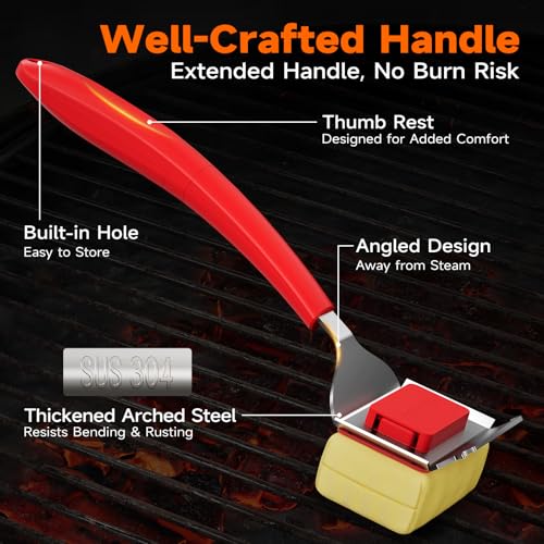 Image of Bristle-Free Grill Brush Head, Heat-Resistant Kevlar Fiber Head, Red Head | Steam Cleaning, Replaceable No-Wire Head, 17 inch Handle, 4-in-1 Scraper, for Porcelain /Ceramic /Stainless Steel /Cast Iron Grate