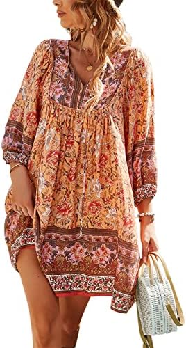 TEMOFON Women’s Boho Dress Summer Mini Floral 3/4 Long Sleeve V Neck Flowy Loose Casual Beach Dresses TEMOFON Women’s Boho Dress Summer Mini Floral 3/4 Long Sleeve V Neck Flowy Loose Casual Beach Dresses