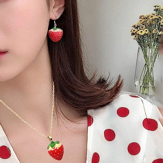 Strawberry Necklace and Earrings Set,3D Simulated Red Strawberry Necklace Strawberry Earrings Sets for Women - Image 3