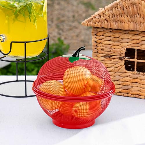 Image of HAADI Fruits Bowl Basket Apple Shape Mesh with lid Tabletop Vegetable Holder Keep Unwanted Pets & Insects Out Kitchen Dishwashing Drain Basket (Red)