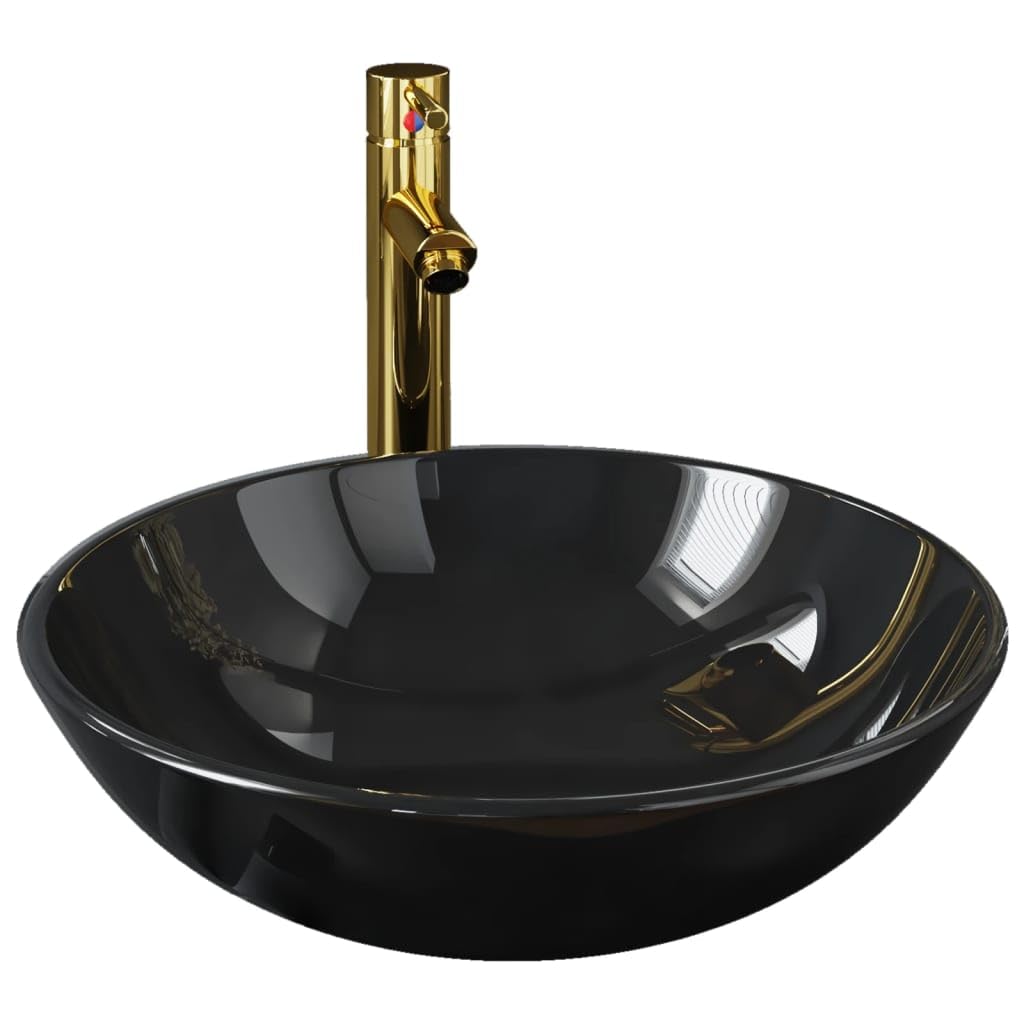 Badezimmer Waschbecken mit Wasserhahn Ablaufgarnitur Schwarz,Heimwerkerbedarf,Sanitärbedarf,Sanitärkeramik & Armaturen,Waschbecken & Spülen,Badezimmer-Waschbecken,Schwarz,8.08 kg-3098451