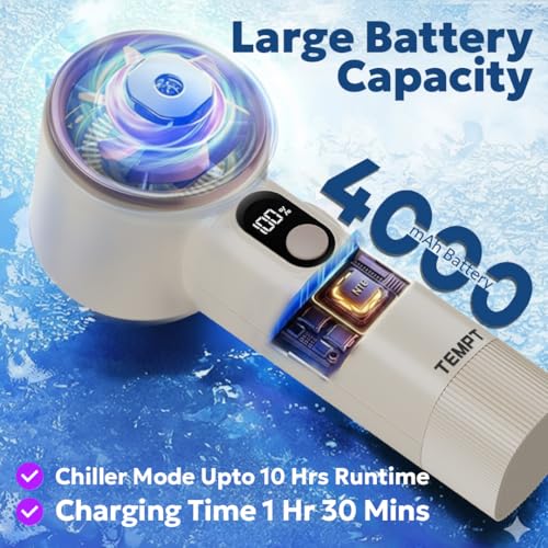 Image of TEMPT ICY Portable Cooling Hand Fan, 14000+ RPM Turbo Speed, USB-C, Beige | 12-Hour Runtime, Ultra Quiet 30dB, Smart LED Display, 4 Speed Settings, USB-C Fast Recharge, 4000mAh Battery, Portable Design