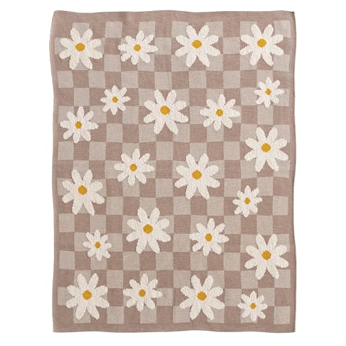 Image of Creative Co-Op Cotton Knit Baby Blanket with Daisies and Check Pattern, Multicolor