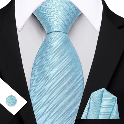 Image of Barry.Wang Solid Striped Tie for Men Silk Necktie Pocket Square Cufflinks Formal Wedding Party Business