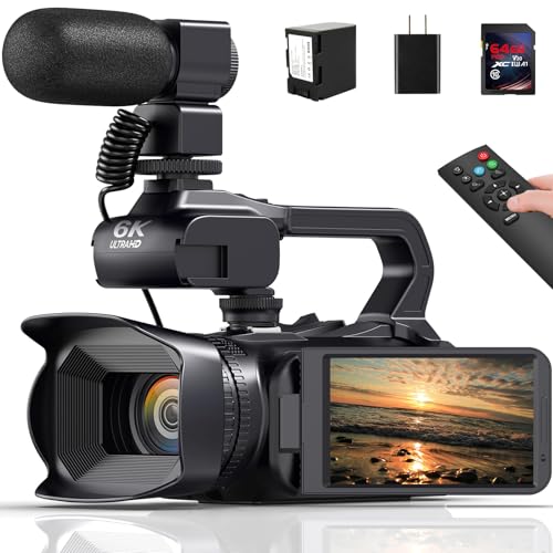 MERVNE 6K Video Camera Camcorder, 64MP 18X Digital Zoom IR Night Version Vlogging Camera for YouTube, HD WiFi Video Camera with 4500mAh Battery, SD Card, Stabilizer, Mic, Remote Control and Charger