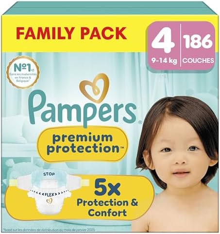 Pampers Premium Protection Taille 4, 186 Couches, 9kg-14kg, Notre N°1 Pour La Protection De La Peau Et Contre Les Fuites, Family Pack