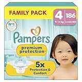 Pampers Premium Protection Taille 4, 186 Couches, 9kg 14kg, Notre N°1 Pour La Protection De La Peau Et Contre Les Fuites, Family Pack