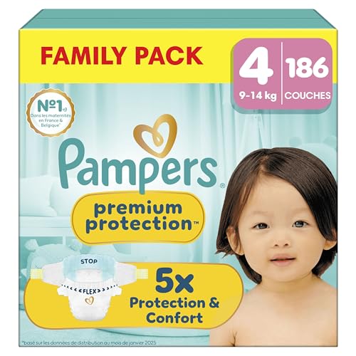 Pampers Premium Protection Taille 4, 186 Couches, 9kg-14kg, Notre N°1 Pour La Protection De La Peau Et Contre Les Fuites, Family Pack