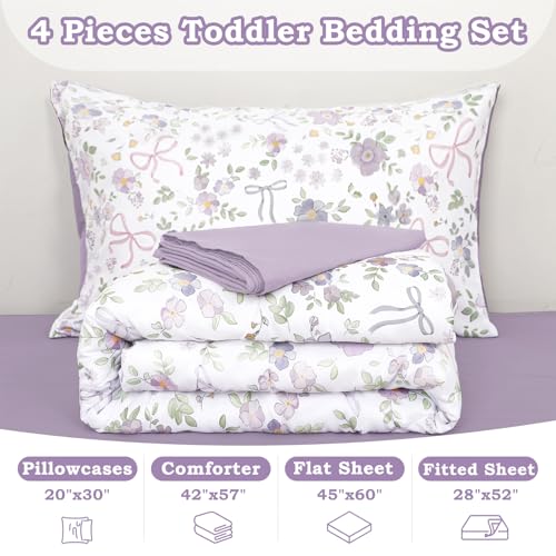 Image of SWESEN Toddler Bedding Set for Girls, Purple Floral Toddler Girls Bedding Set, Soft & Lightweight 4 Piece Toddler Comforter Sets Include Comforter, Flat Sheet, Fitted Sheet, Pillowcase