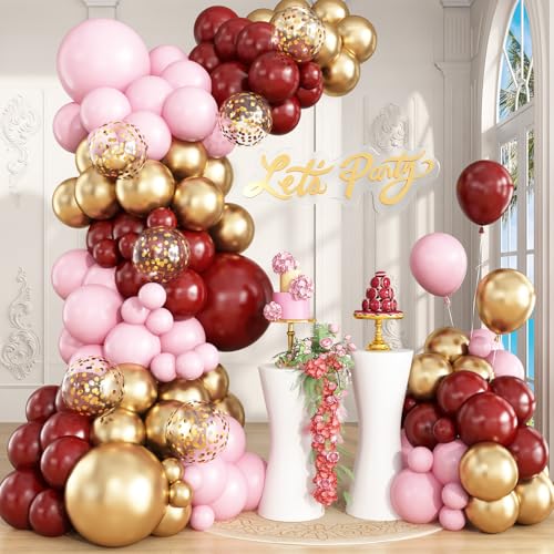 Arche de ballons bordeaux et rose pour décoration d'anniversaire et mariage chic