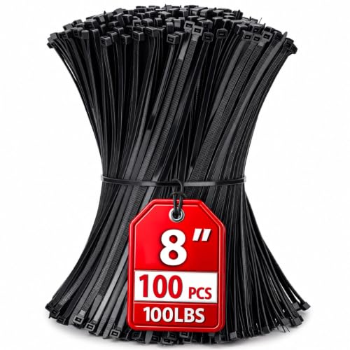 Image of Zip Ties 8 inch, 100 Pack Heavy Duty Black Zip Ties with 100 lbs Tensile Strength, Self-Locking Nylon Cable Ties,Wire Ties for indoor and outdoor use.
