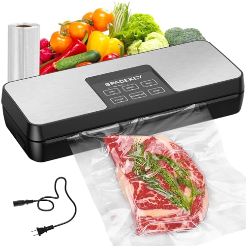 SPACEKEY Vacuum Sealer Machine, 85Kpa Food Sealer with Bag Roll Storage Space, 8-in-1 Food Vacuum Machine, Pulse Function, Dry&Moist Modes, Built in Cutter, Bag Roll included, Silver