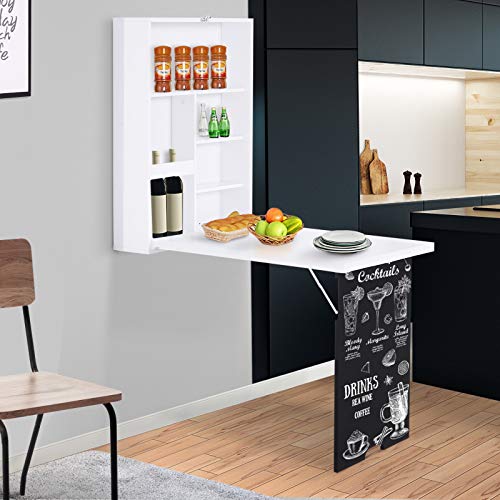 Image of Wall Mounted Office Desk, Fold Out Convertible Computer Desks with Storage Shelves, Multi-Function Folding Wall Desk Writing Table for for Small Spaces, Home Office (White+Black)