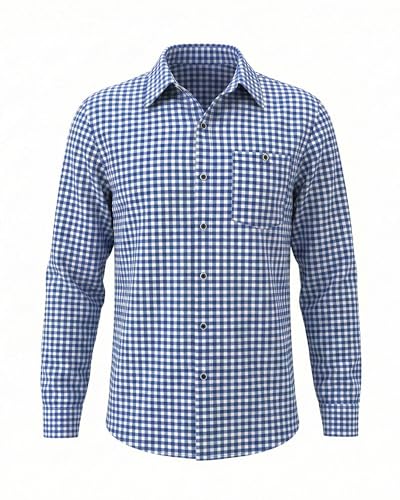 TRIWORKS Trachtenhemd Herren Blau Langarm Kariert Hemd Oktoberfest Herren mit Tasche Atmungsaktiv & Pflegeleicht Herrenhemd für Trachten & Festlichkeiten L