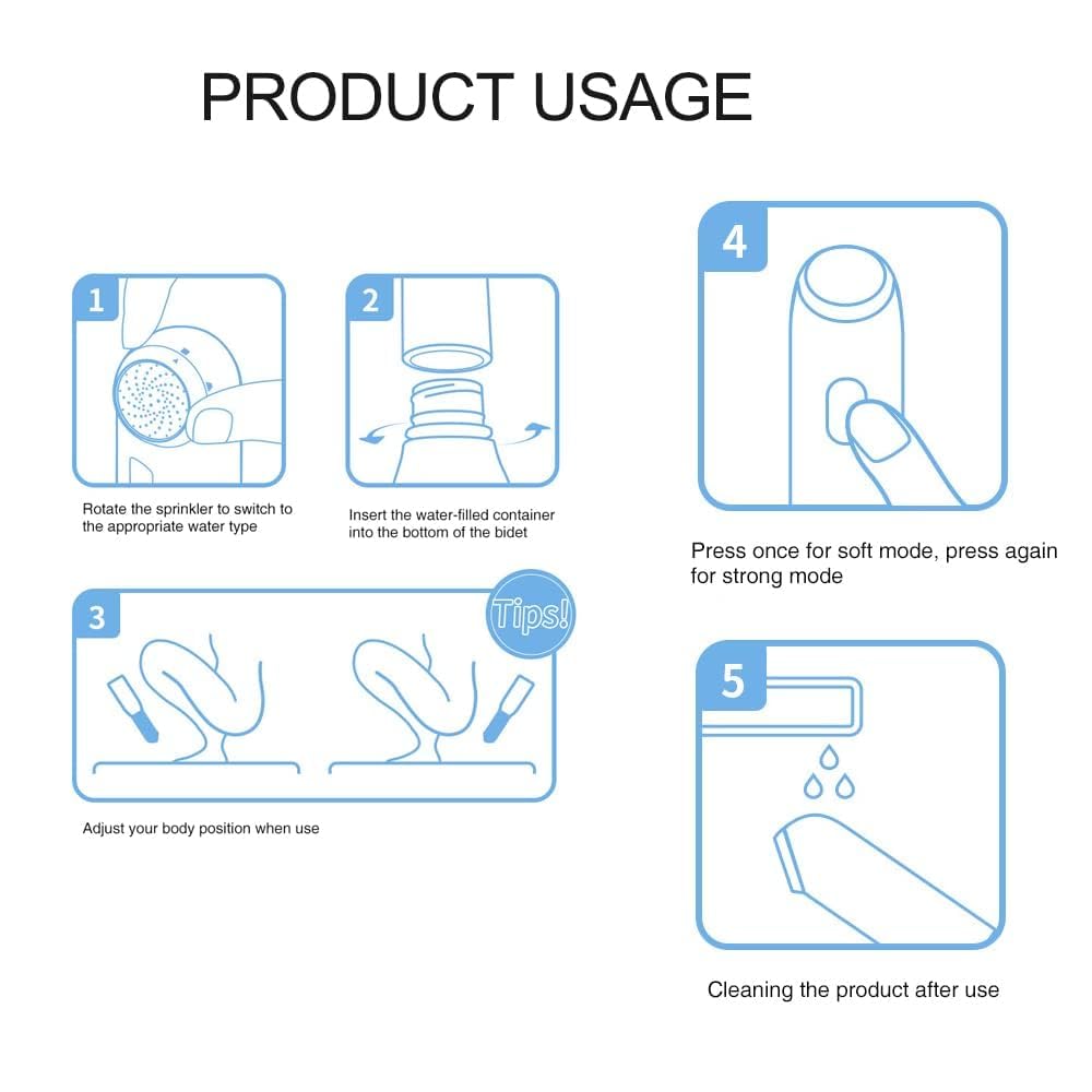 Bidet da viaggio portatile ricaricabile con bottiglia, spruzzatore per igiene personale, 4 modalità, impermeabile IPX7, senza BPA