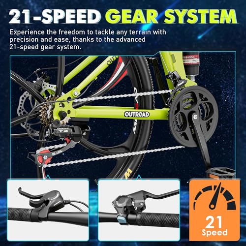 Max4out 26 Inch Folding Mountain Bike, 21 Speed Full Suspension Bicycle with High-Carbon Steel, Dual Disc Brake Non-Slip Quick Release tire Folding Bicycle for Adults/Men/Women(Green)