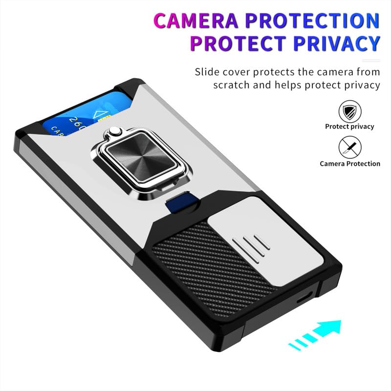 Image of LuxuryKase Shockproof Armor Case for Samsung Galaxy S24 Ultra | Slide Camera Cover | Hidden Card Slot | Rotating Ring Kickstand | Magnetic Car Mount Support | Military Grade Protection - White