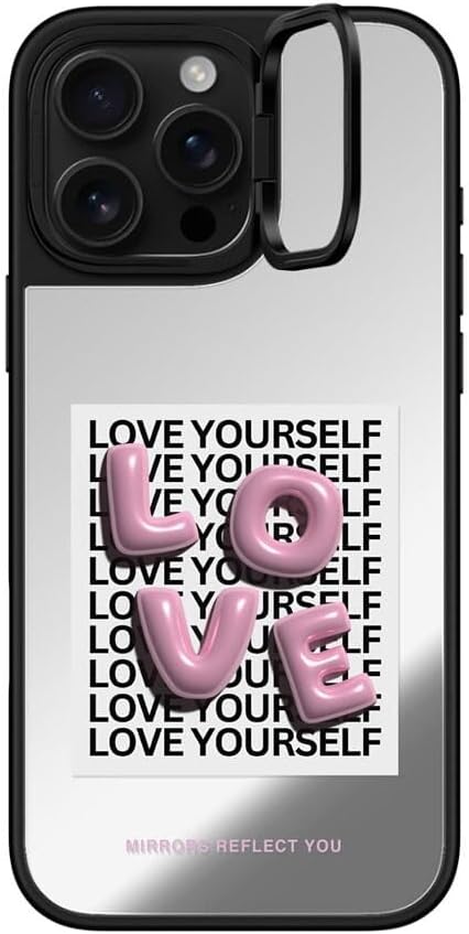 CASETiFY Mirror Ring Stand Case for iPhone 16 Pro Max [Kickstand / 4.9 ft. 1X Military Grade Drop Protection/Compatible with Magsafe] - Love - Silver on Black