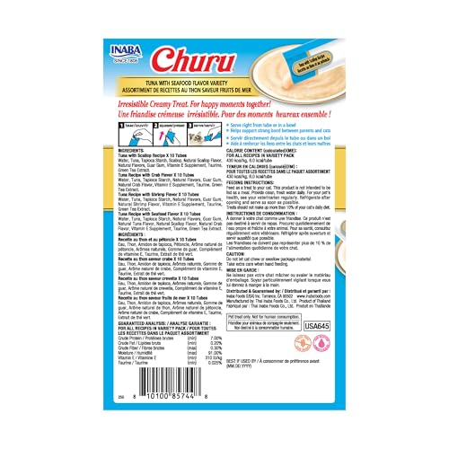 Image of INABA Churu Cat Treats, Lickable, Squeezable Creamy Puree Cat Treat with Green Tea Extract & Taurine, 0.5oz. Each Tube, 40 Tubes, Tuna with Seafood Flavor Variety