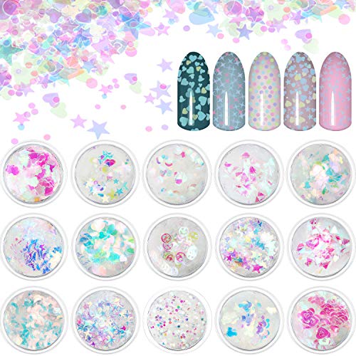 15 Boxes Holographic Nail Art Sequins Nails Glitter Iridescent Flakes Paillette for Nail Art DIY Decoration