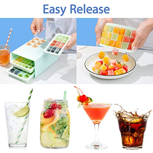 Mexyz Ice Cube Tray 3 Pack & Popsicle Molds Set 10 Pieces, Easy Release Silicone Ice Cube Trays For Freezer With Lid Covered, Bpa Free Popsicle Molds With Sticks For Kids, Baby, Toddlers(Green) #TOP2