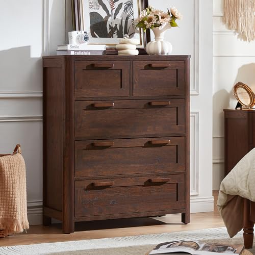 Image of Joaxswe Farmhouse 5 Drawer Dresser for Bedroom, Vertical Dressers Chest of Drawers with 5 Deep Drawers & 4 Thickened Table Legs & Rounded Corners, Walnut