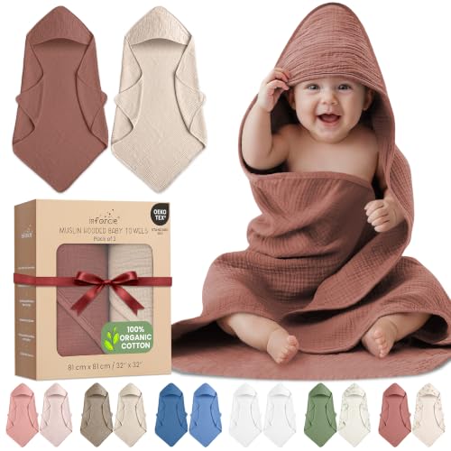 OEKO TEX 100% Organic Cotton 2 PK Muslin Baby Hooded Towels Newborn 32x32in | Oeko-TEX Certified, Bath & Hooded Towels, Baby Towels, Baby Bath Towels, Rust/Ivory, Unisex Design, Ultra-absorbent weave