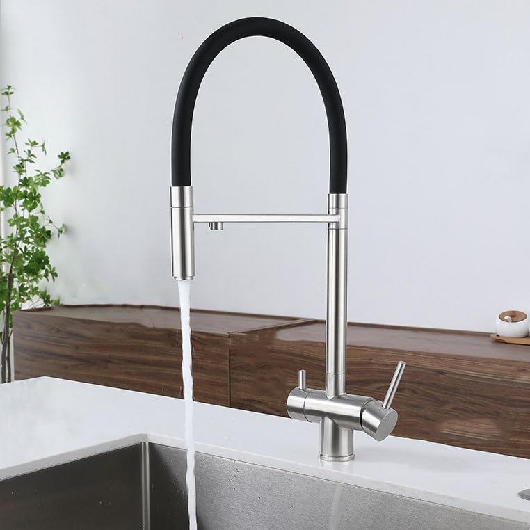 Robinet de cuisine 3 voies en inox brossé avec mitigeur filtre eau potable