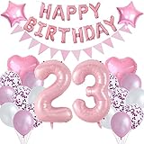 🎈 23. Decoración de cumpleaños de color rosa: contiene globos digitales "23" de 32 pulgadas + guirnalda de globos Happy Birthday (16 pulgadas) + 10 globos de látex (12 pulgadas) + 6 globos de confeti (12 pulgadas) + 2 globos de papel de aluminio con forma de corazón (18 pulgadas) + 2 globos de estrella (18 pulgadas) 20 cm) + 1 banderín de papel + cintas para globos