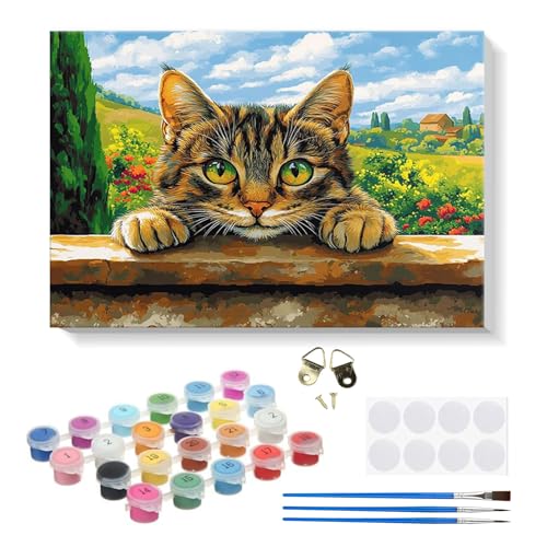 RICUVED Pintar por Numeros Adultos Gato con Marco, DIY Animal Cuadros para Pintar por Números con Caballete de Madera, Pintura Acrilica Manualidades Adultos Decoracion 20x30cm