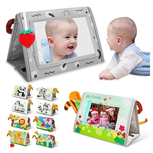 Tummy Time Baby Toys 0-3-6-12 Months Old,Newborn,Infant Mirror Brain Development Visual Stimulation Toys with Teether,Picture Frame for Boys/Girls,Educational Montessori Sensory Crinkle Soft Books