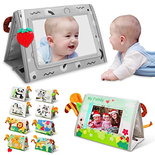 Image of Baby Mirror Toys for Tummy Time, Newborn Infant 0 3 4 6 12 Months Old Boy, Girl . Brain Developmental Montessori Sensory High Contrast Crinkle Book w Safe Mirror for Floor, Crib, Car, Bouncer