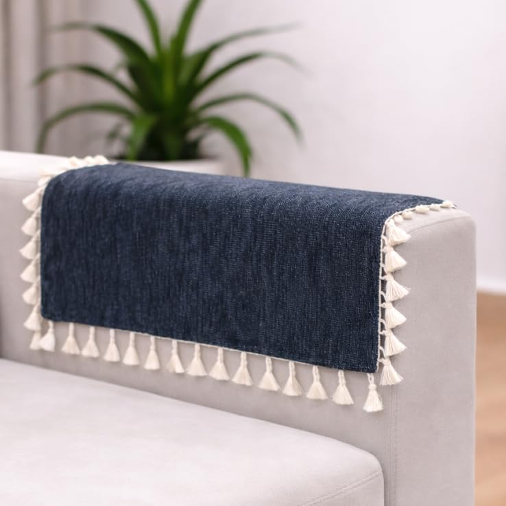 Image of STITCHNEST Premium Woven Fabric Sofa Arm Cover with Tassels | Elegant Hand Rest Protector | Durable & Stylish | 18 x 22 Inches