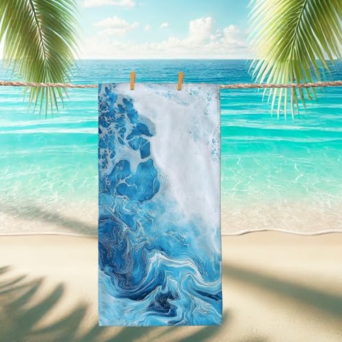 Blue Ocean Waves - Toalla de playa de microfibra, secado rápido, suave, sin arena, ligera, para vacaciones, picnic, camping, piscina, artículos esenciales de viaje al aire libre, 89 x 178 cm