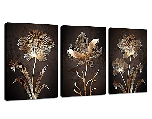 Abstract Wall Art Brown Flowers Canvas Pictures Contemporary Minimalism Abstract Flower Artwork for Bedroom Bathroom Living Room Wall Decor 12' x 16' x 3 Pieces