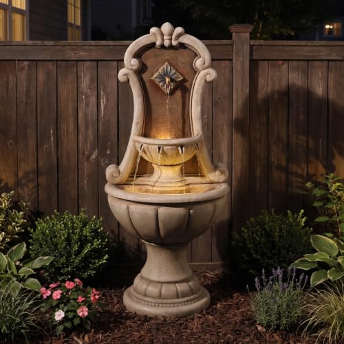Image of Bumilgar Outdoor Wall Fountain with LED Lights, 48.82 inch H Freestanding Garden Water Fountain Sandstone Curved Scroll Resin, Large Floor Standing Patio European Resin Flat Back Yard