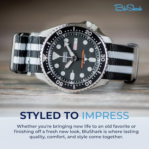 Image of BluShark - Original Collection Military-Style Waterproof Watch Strap, Fits All Timepiece Brands, Durable Nylon Wristwatch Accessories with Stainless Steel Buckle - 18mm, 20mm, 22mm & 24mm Watch Bands